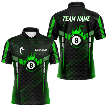 Maxcorners Personalized Green 8 Ball Flame Billiard Polo & Quarter Zip For Men, 8 Ball Pool Team Jersey LM0503