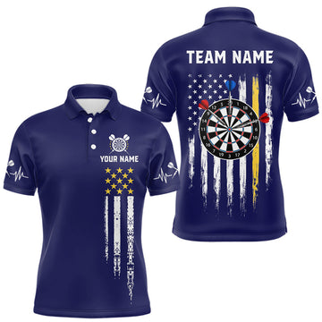 Maxcorners Customized Navy Blue American Flag Darts Shirt For Men, Patriotic Darts League Team Jersey
