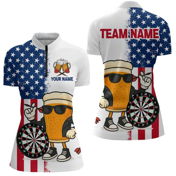 Maxcorners Funny Beer American Flag Dart Shirts For Men Custom Patriotic Darts Team Jerseys Polo & 1/4 Zip MT1706