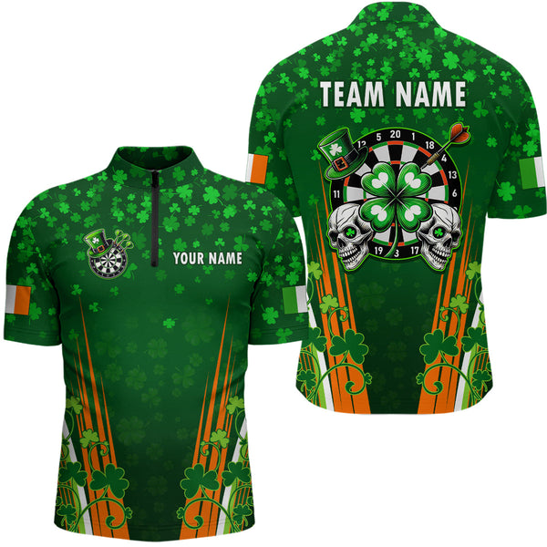 Maxcorners Personalized Luckiest Green Shamrock Skull Dart Shirts For Men Custom St Patrick Day Dart Jerseys
