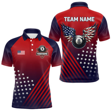 Maxcorners Personalized 8 Ball Wings American Flag Billiard Shirts For Men Custom Patriotic Pool Team Jersey