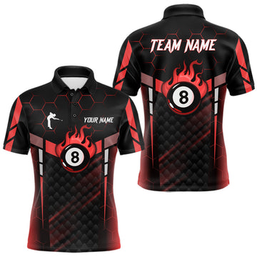 Maxcorners Personalized Red 8 Ball Flame Billiard Polo & Quarter Zip For Men, 8 Ball Pool Team Jersey LM1104