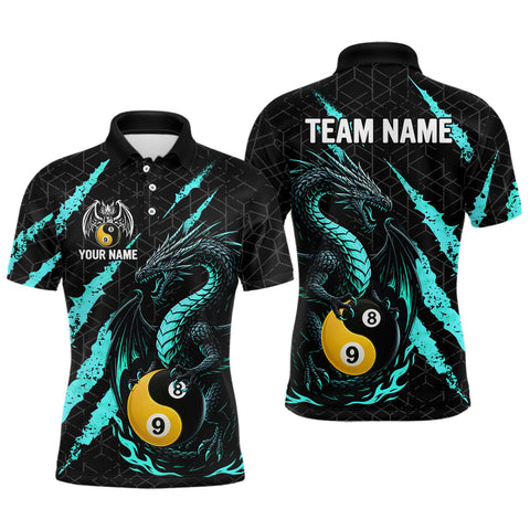 Maxcorners Custom Black Turquoise Yin Yang 8 Ball & 9 Ball Dragon Billiard Shirts For Men |Pool Team Jerseys MT1007