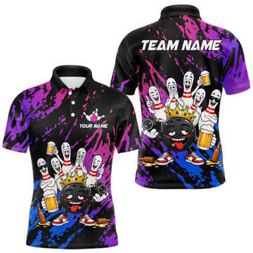 Maxcorners Custom Blue Purple Funny Drunk Bowling Pins Crown Bowling Shirts For Men, Bowling Team Jersey LM1508