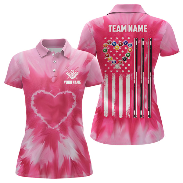 Maxcorners Personalized Pink Tie Dye Heart Us Flag Men And Women Billiard Shirts, Billiard Valentines Day Shirt Gifts