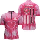 Maxcorners Personalized Pink Tie Dye Heart Us Flag Men And Women Billiard Shirts, Billiard Valentines Day Shirt Gifts