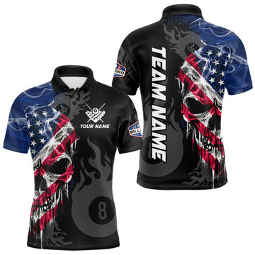 Maxcorners Smoke American Flag Skull 8 Ball Pool Custom Men Billiard Shirts Patriotic Billiard Team Jerseys