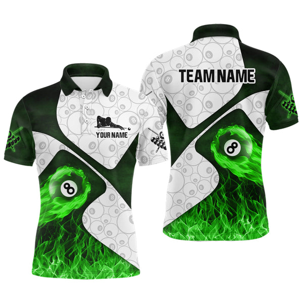 Maxcorners Green Fire Flame 8 Ball Pool Pattern Billiard Jersey Customized Name, Team Name 3D Shirt Unisex