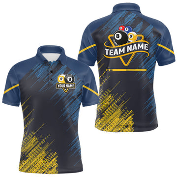 Maxcorners Personalized Blue Yellow 8 Ball & 9 Ball Pool Polo & 1/4 Zip For Men Custom Team Billiard Jersey