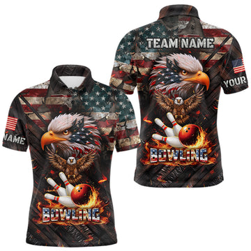 Maxcorners American Flag Flame Eagle Bowling Shirt For Men Custom Patriotic Bowling Jersey Polo & 1/4 Zip