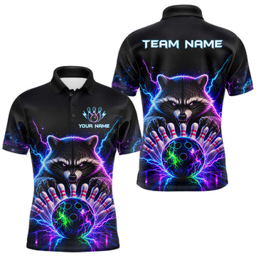 Maxcorners Neon Funny Raccoon Bowling Jersey Polo, Quarter Zip For Men Custom Bowling Team Jersey Uniform LM1406
