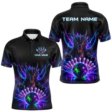 Maxcorners Neon Funny Dragon Bowling Jersey Polo, 1/4 Zip For Men Custom Bowling Team Jersey, Bowling Uniform LM1406