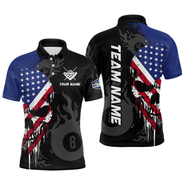 Maxcorners Grunge American Flag Skull 8 Ball Pool Custom Men Billiard Shirts, Patriotic Billiard Team Jerseys LM0210