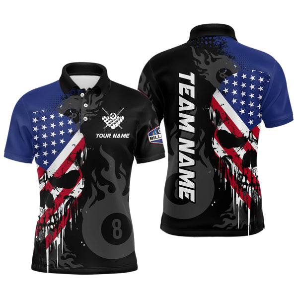 Maxcorners Grunge American Flag Skull 8 Ball Pool Custom Men Billiard Shirts, Patriotic Billiard Team Jerseys LM0210