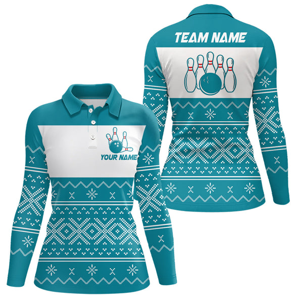 Maxcorners Ugly Christmas pattern bowling shirts for women Custom Xmas Team Bowling Jerseys | Cyan Blue