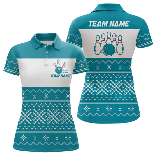 Maxcorners Ugly Christmas pattern bowling shirts for women Custom Xmas Team Bowling Jerseys | Cyan Blue