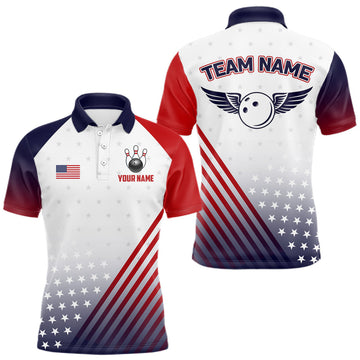 Maxcorners American Flag Bowling Jersey For Men Custom Patriotic Bowling Shirt Team Polo & 1/4 Zip |White LM2602