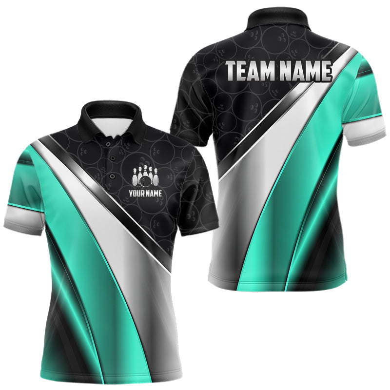 Maxcorners Custom Black, Teal And Silver Bowling Shirt For Men Bowling League Jersey Bowling Tournament Shirt