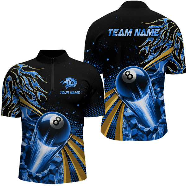 Maxcorners Blue Flaming 8 Ball Pool Crack Billiard Jersey Customized Name, Team Name 3D Shirt Unisex