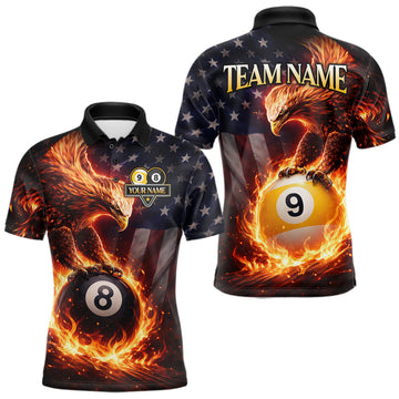 Maxcorners American Flag Flame 8 Ball & 9 Ball Eagle Billiard Shirt For Men Custom Patriotic Pool Team Jersey