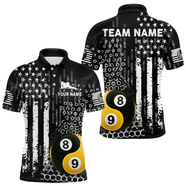 Maxcorners Custom Yin Yang 8 & 9 Ball Billiard Shirt For Men, White Black Grunge Us Flag Pool Team Jerseys MT707