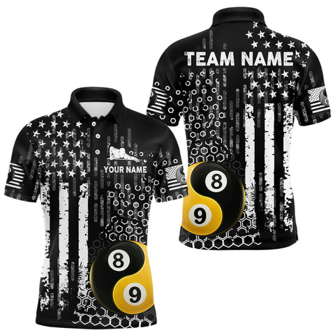 Maxcorners Custom Yin Yang 8 & 9 Ball Billiard Shirt For Men, White Black Grunge Us Flag Pool Team Jerseys MT707