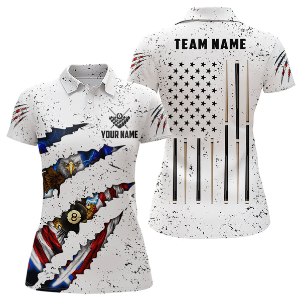 Maxcorners Billiard Eagle American Flag White Grunge  Customized Name, Team Name 3D Polo Shirt