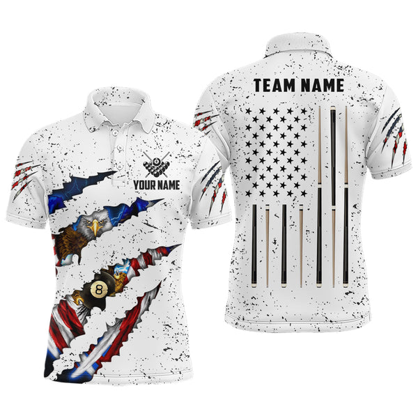 Maxcorners Billiard Eagle American Flag White Grunge  Customized Name, Team Name 3D Polo Shirt