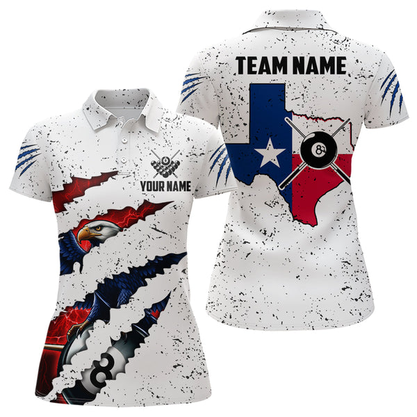 Maxcorners Billiard Eagle Texas Flag White Grunge Customized Name, Team Name 3D Polo Shirt