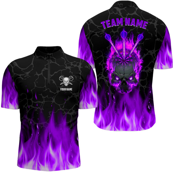 Maxcorners Purple Fire Flame Skull Darts Jersey Customized Name, Team Name 3D Polo Shirt