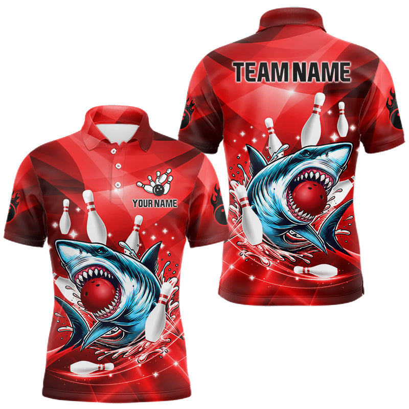 Maxcorners Red Funny Shark Bowling Shirt For Men Custom Bowling Team Jerseys, Personalized Gift For Bowlers