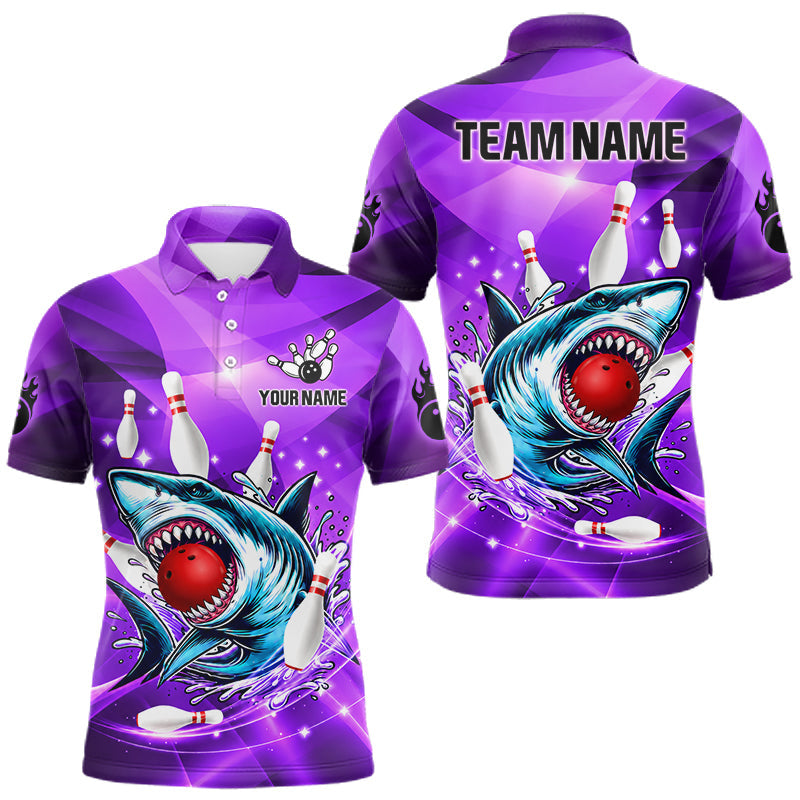 Maxcorners Purple Funny Shark Bowling Shirt For Men Custom Bowling League Team Jersey Polo & Quarter Zip