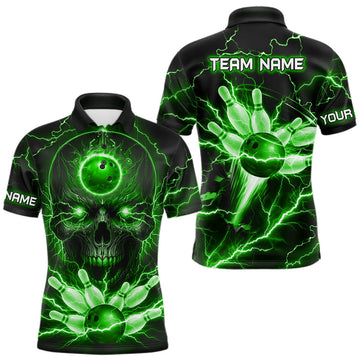 Maxcorners Personalized Lightning Skull Green Bowling Shirt For Men, Bowling Team Jersey Polo & 1/4 Zip LM1903