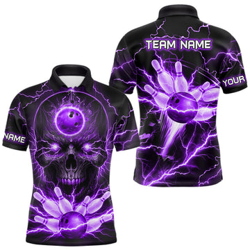Maxcorners Personalized Lightning Skull Purple Bowling Shirt For Men, Bowling Team Jersey Polo & 1/4 Zip LM1903
