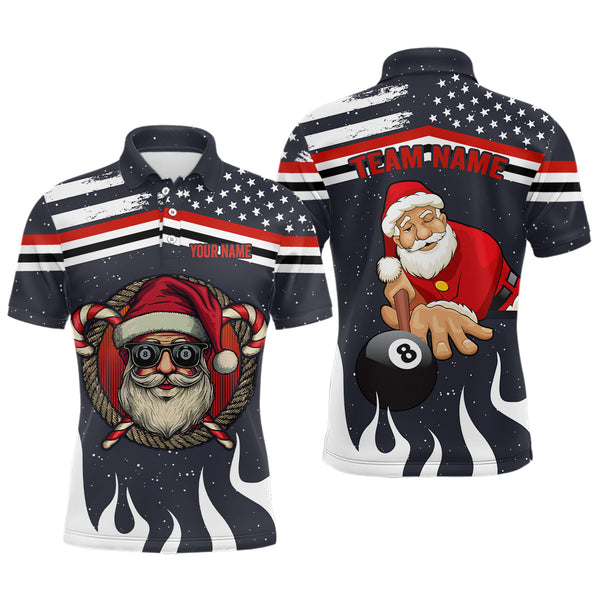 Maxcorners Personalized Funny Christmas Shirts Santa Playing Billiard Custom Us Flag Fire For Men Polo Shirts