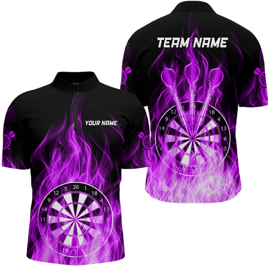 Maxcorners Fire Flame Dartboard 3D Darts Polo & Quarter Zip Custom Dart Shirts For Men Dart Jerseys |Purple