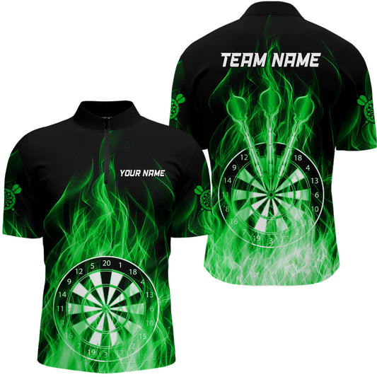 Maxcorners Fire Flame Dartboard 3D Darts Polo & Quarter Zip Custom Dart Shirts For Men Dart Jerseys |Green