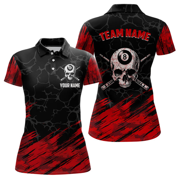 Maxcorners Black And Red 8 Ball Pool Cue Skull Custom Men Billiard Shirts, Billiard Jersey Billiard Team Shirt