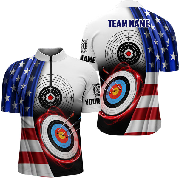 Maxcorners American Flag Archery 3D Target Personalized Men Polo Shirts, Patriotic Us Archery Jerseys For Team