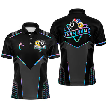 Maxcorners Personalized Holographic Billiard 8 Ball & 9 Ball Pool Polo, 1/4 Zip For Men, Billiard Team Jersey LM3006