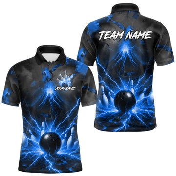 Maxcorners Personalized Blue Lightning Thunder Bowling League Shirts For Men Custom Bowling Team Jersey