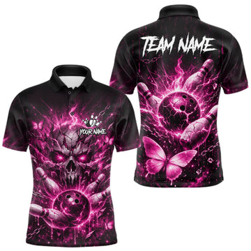 Maxcorners Personalized Pink Butterfly Skull Bowling Shirt For Men Custom Bowling Team Jersey Polo & 1/4 Zip LM0409