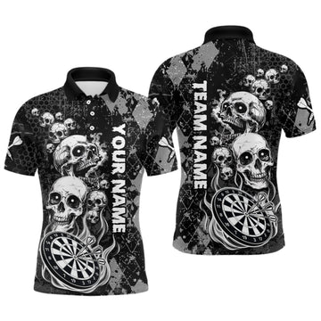 Maxcorners Black Grey Grunge Argyle Skull Dart Shirts Custom Men's Dart Jerseys Team Polo & Quarter Zip LM0409