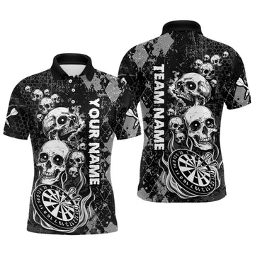 Maxcorners Black Grey Grunge Argyle Skull Dart Shirts Custom Men's Dart Jerseys Team Polo & Quarter Zip