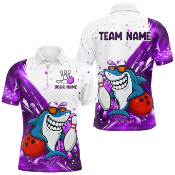 Maxcorners Purple And White Funny Shark Bowling Polo, Quarter Zip Shirts For Men Custom Bowling Team Jersey LM0409
