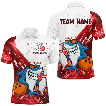 Maxcorners Red And White Funny Shark Bowling Polo, Quarter Zip Shirts For Men Custom Bowling Team Jersey LM0409