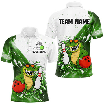 Maxcorners Green And White Funny Alligator Bowling Polo, Quarter Zip Shirt For Men Custom Bowling Team Jersey LM0409