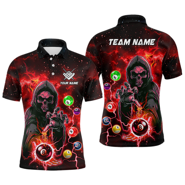 MaxCorners Billiard Red Death Skeleton Customized Name, Team Name 3D Polo Shirt For Men