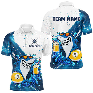 Maxcorners Blue And White Funny Shark 9 Ball Billiard Shirts For Men Custom Pool Team Jersey Polo & 1/4 Zip