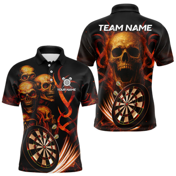 Maxcorners Custom Skull Fire Darts Jersey For Men, Black And Orange Darts Polo & Quarter Zip Team Shirt TU1108